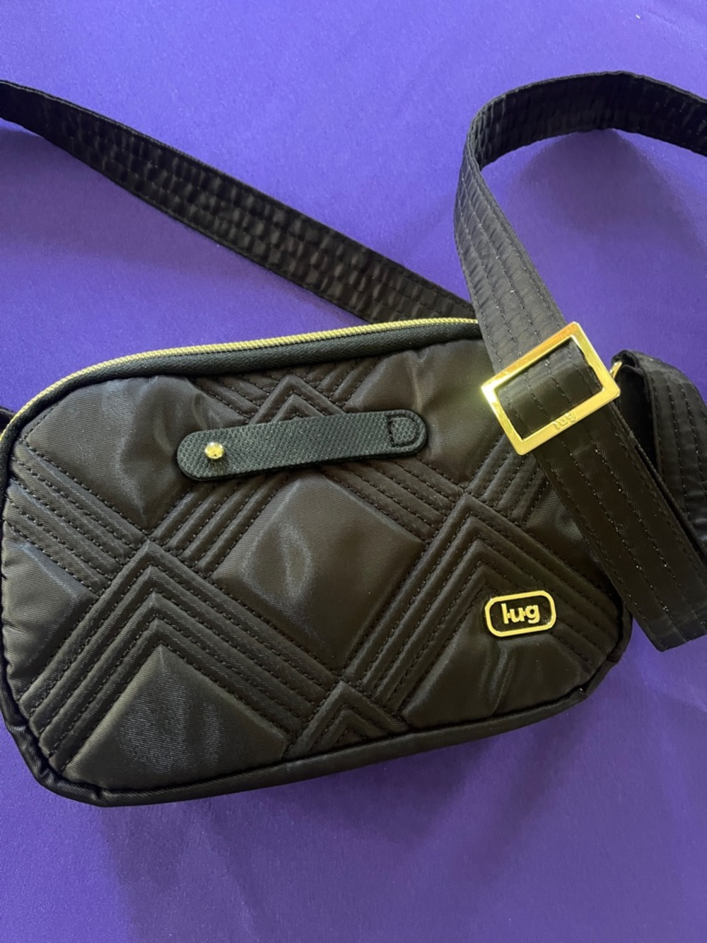 Lug Wicked Coupe   Black Quilted Belt Bag with Gold Buckle charm bar and loops